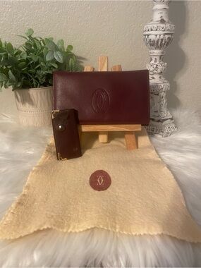 CARTIER BUNDLE Burgundy Leather Wallet with Matching Key Holder and Wrap Cloth